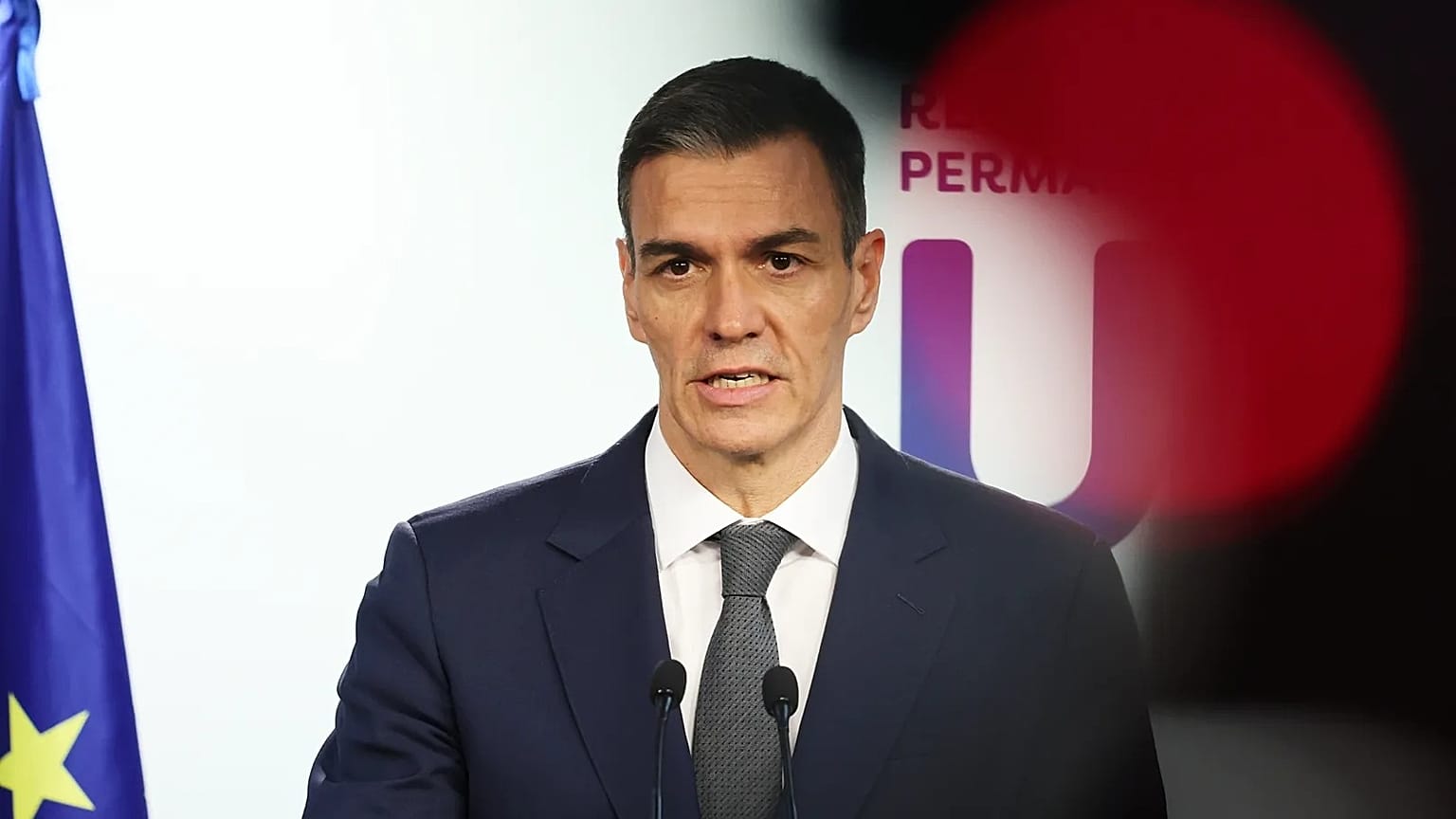 Spain's Prime Minister Pedro Sanchez speaks during a media conference at the end of the EU summit in Brussels, Friday, Jan. 23, 2026. 