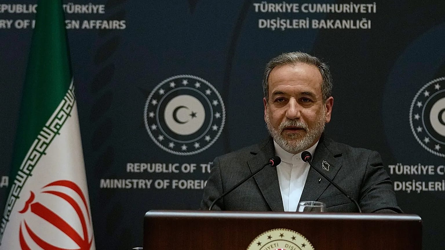 Iranian Foreign Minister Abbas Araghchi speaks to journalists during a joint press conference with his Turkish counterpart Hakan Fidan in Istanbul, Turkey, Friday, Jan. 30,