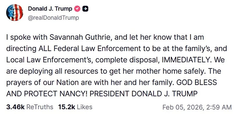 Donald Trump saját közösségi oldalán jelentette be, hogy szövetségi ügynökökat küld Nancy Guthrie megtalálására