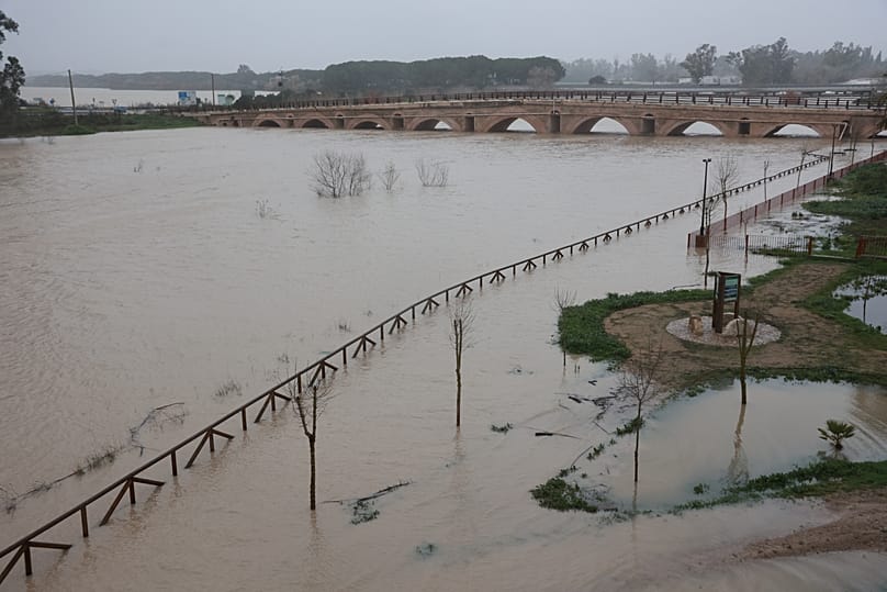 The Guadalete River overflows its banks as it passes through Jerez de la Frontera, in southern Andalusia, Spain, Wednesday, Feb. 4, 2026, as heavy rains across the country cau
