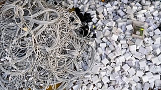 FILE -Used charging cables and power adapters are piled up at a shop in Nhat Tao market, the largest informal recycling market in Ho Chi Minh City, Vietnam, Jan. 28, 2024. 