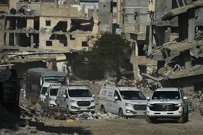 A UN vehicle escorts ambulances and a bus carrying Palestinian patients in Khan Younis as they travel to the Rafah crossing to leave the Gaza Strip, Tuesday, Feb. 3, 2026.
