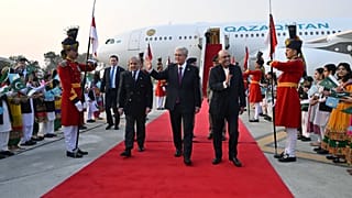 Pakistani Premier Minister Shehbaz Sharif welcoming Kazakh President Kassym-Jomart Tokayev at Islamabad airport.