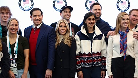 Vice President JD Vance and the US delegation pose for a photo with Team USA athletes ahead of the Milano Cortina Olympics, in Milan, 5 February 2026