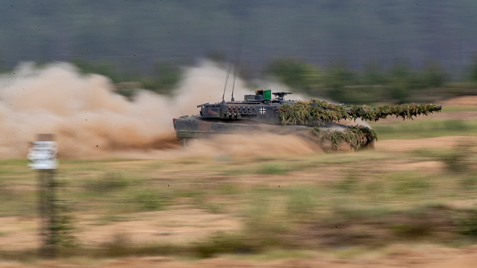 A German army main battle tank Leopard 2A7V takes part in a Lithuanian-German division-level international military exercise in Lithuania on 29 May 2024. 