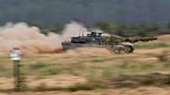 A German army main battle tank Leopard 2A7V takes part in a Lithuanian-German division-level international military exercise in Lithuania on 29 May 2024. 