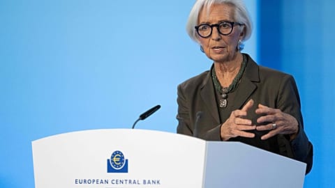 President of the European Central Bank (ECB) Christine Lagarde speaks at the press conference after the Governing Council meeting of the ECB, in Frankfurt, Germany, Thursday F