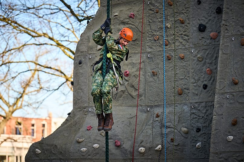 This image provided by the Netherlands Ministry of Defense shows Queen Máxima beginning training as a reservist for the Royal Netherlands Army, Feb. 4, 2026, in Breda.