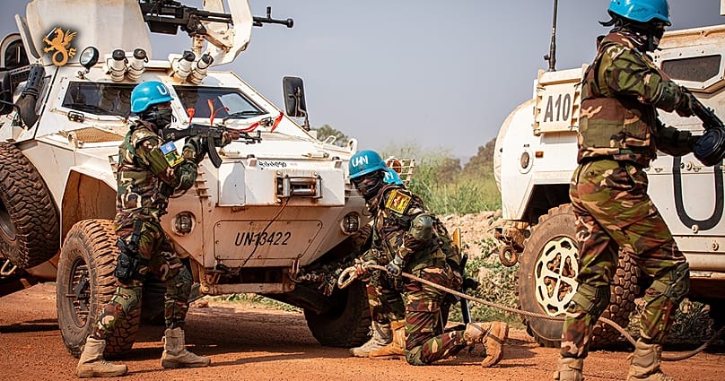 A 18.ª Força Nacional Destacada, na República Centro-Africana, num treino de reação a emboscadas 