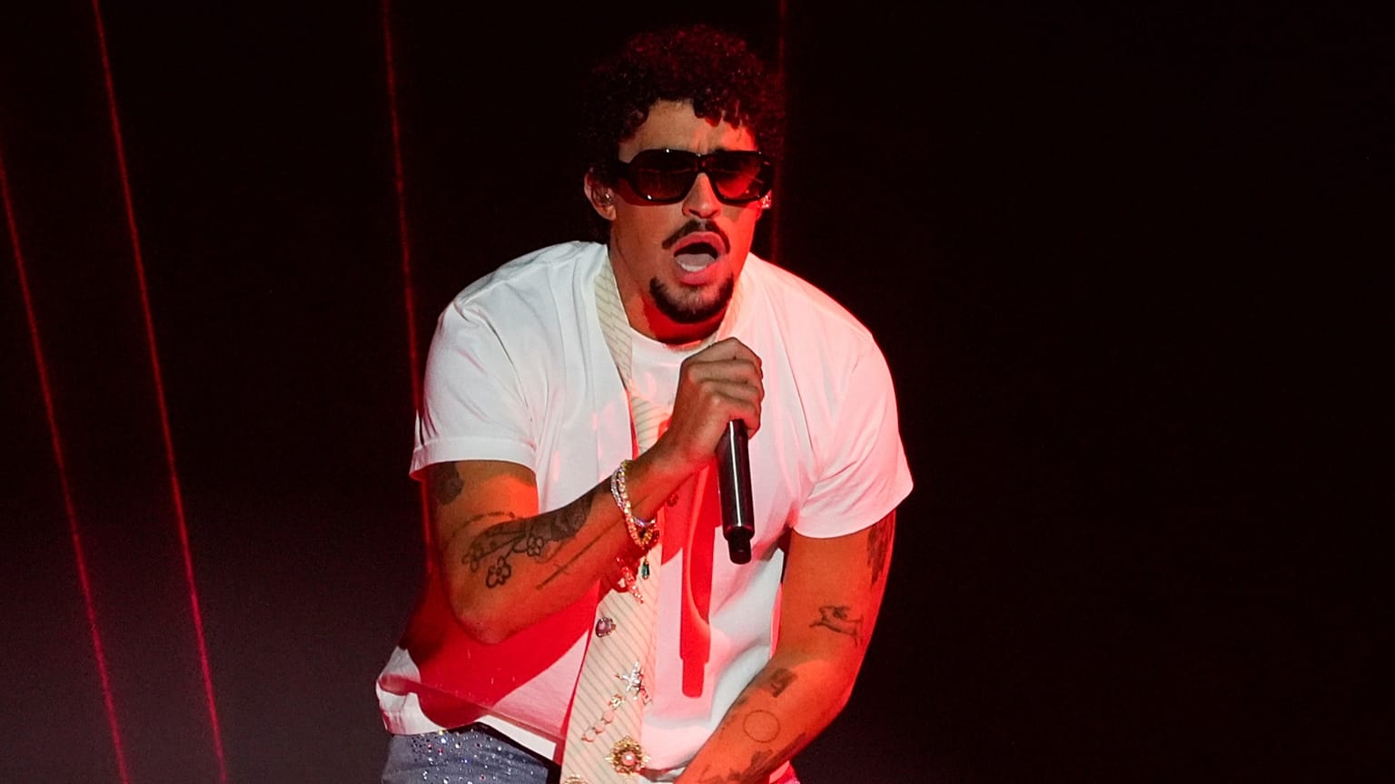 FILE - Bad Bunny performs during the iHeartRadio Music Awards in Los Angeles on March 17, 2025. 