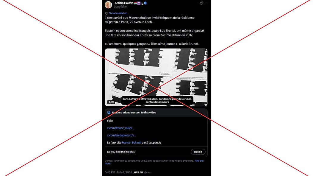 Screenshot of account sharing false claims about Macron and Epstein ties