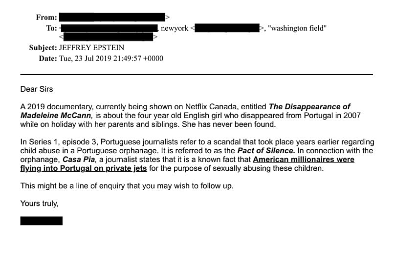 Reprodução do e-mail divulgado na mais recente libertação dos ficheiros Epstein