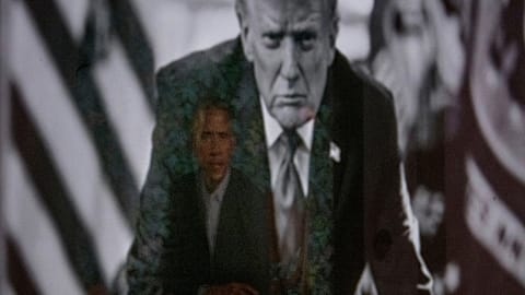 El reflejo del retrato del ex presidente Barack Obama aparece en una fotografía del presidente Donald Trump (AP Photo/ Rod Lamkey Jr.)