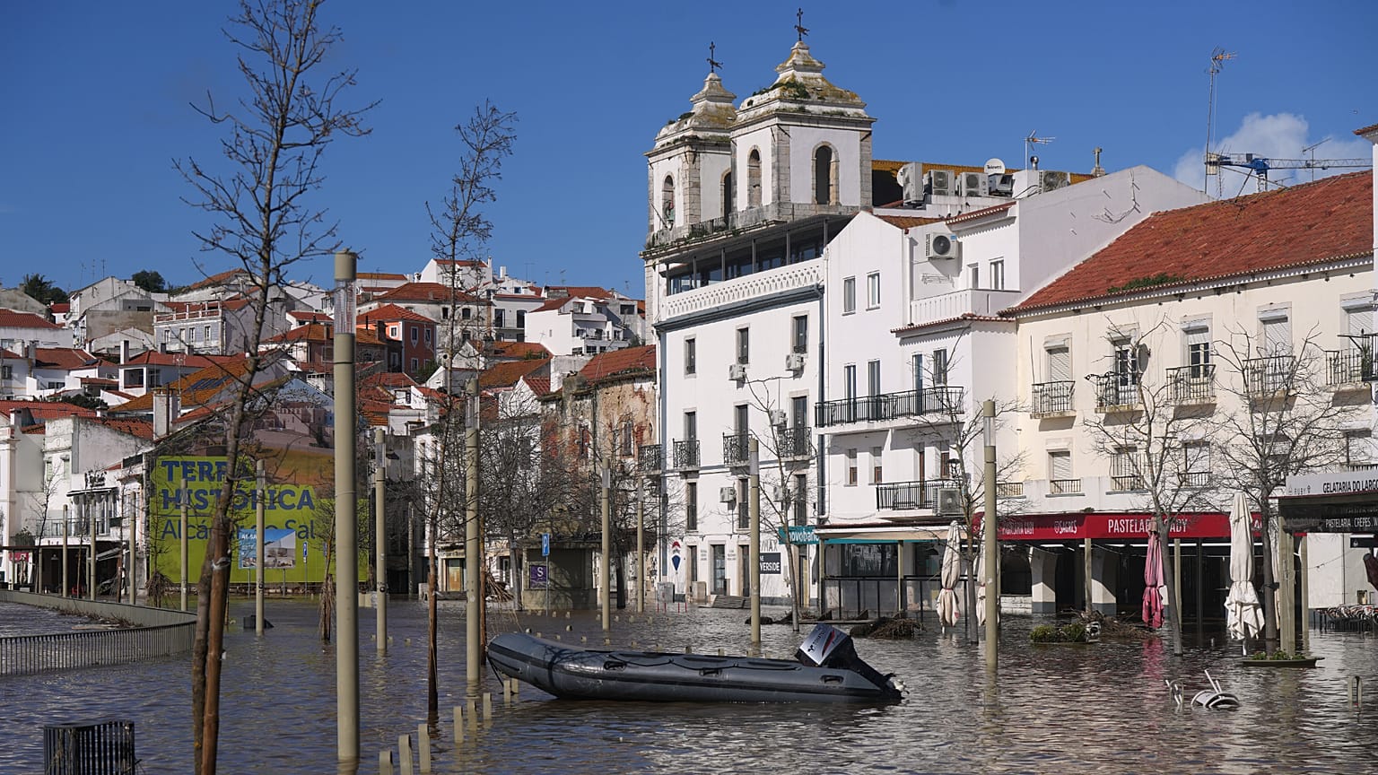A view of Alcácer do Sal, southern Portugal, Friday, Feb. 6, 2026, after the Sado River overflowed following heavy rains.