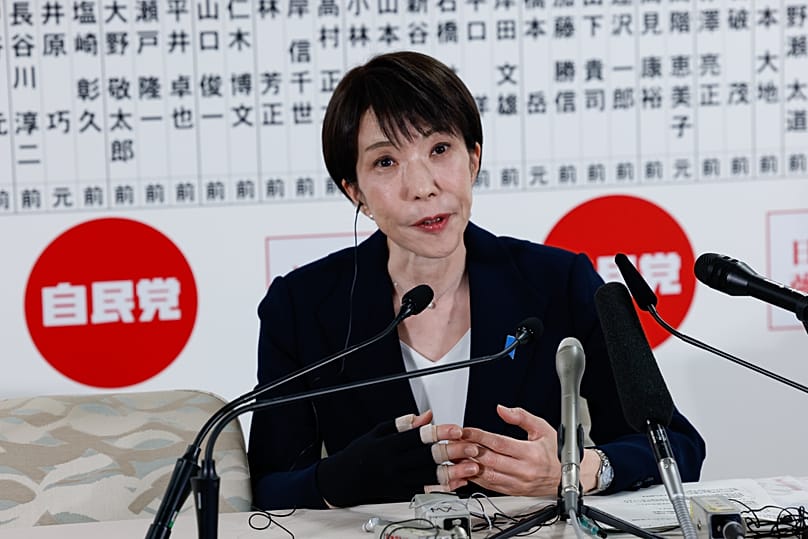Japanese prime minister and president of the ruling LDP Sanae Takaichi speaks during an interview at the LDP headquarters on Sunday, 8 February 2026.