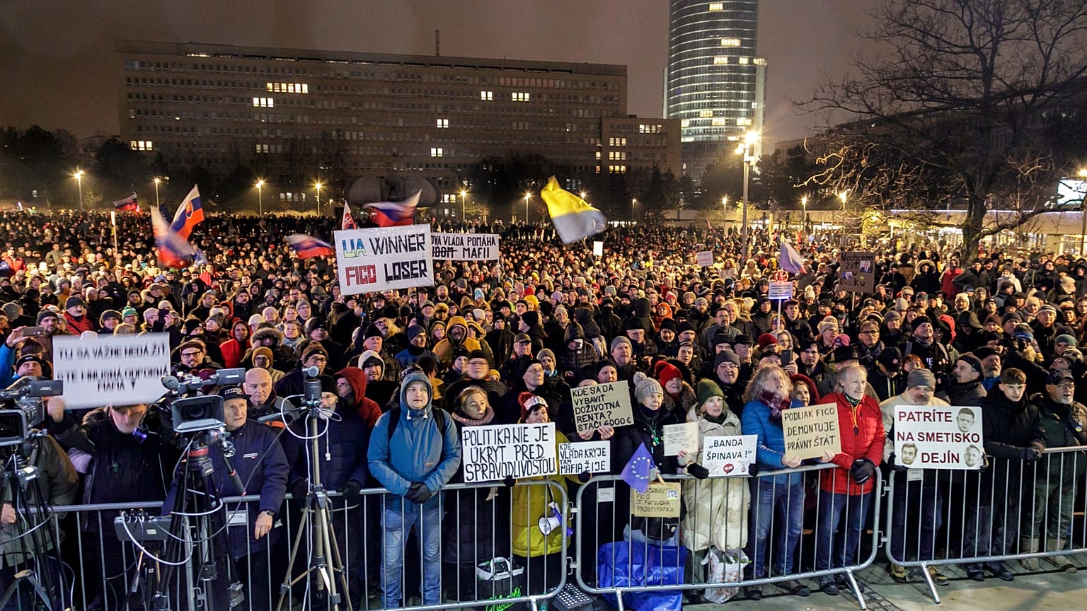 People attend a public protest against government's announced consolidation measures for next year, in Bratislava, Slovakia, on Tuesday 16 December, 2025.