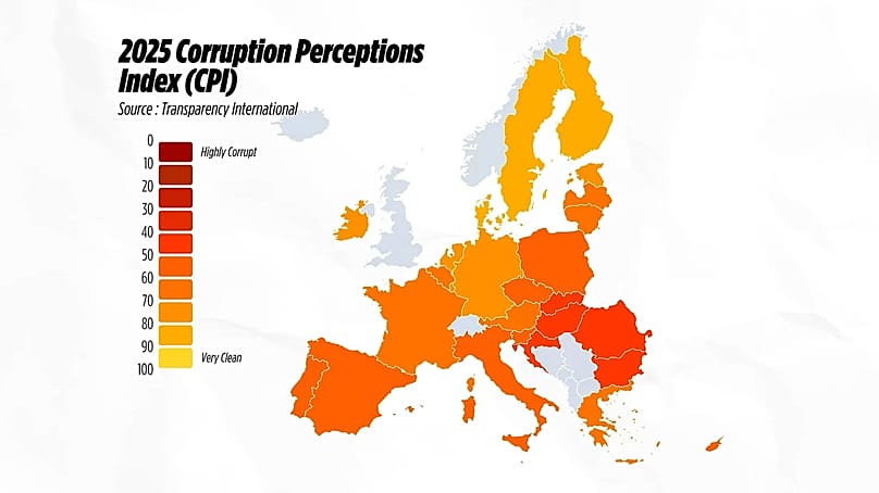Corruption Perceptions Index 2025 in the EU, Transparency International. 