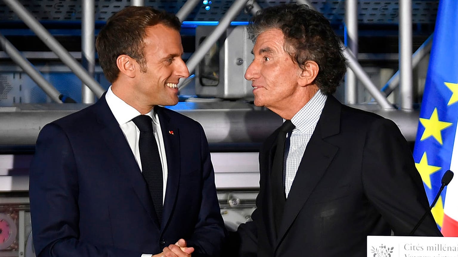 FILE: President of the Arab World Institute Jack Lang and French President Emmanuel Macron attend the inauguration of an exhibition at the IMA, 16 October 2018