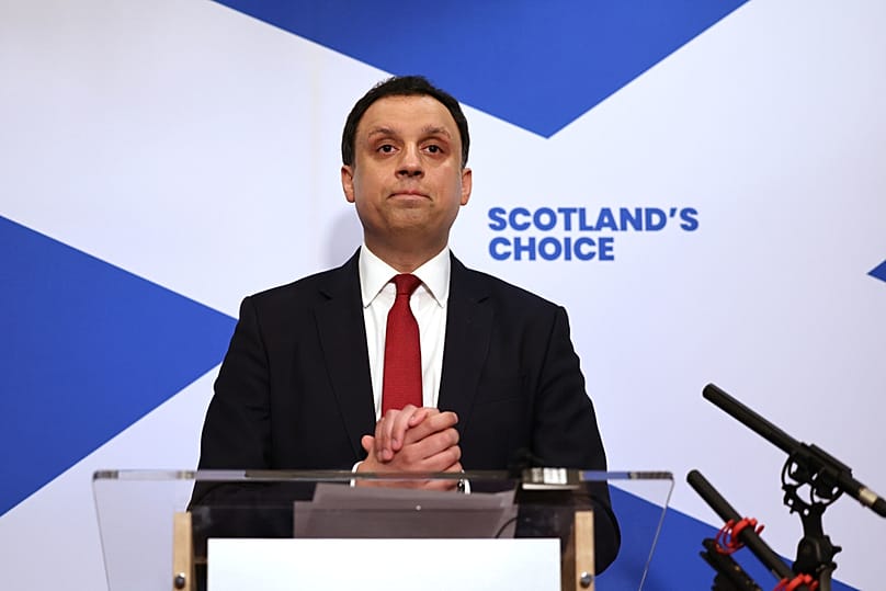Scottish Labour leader Anas Sarwar speaks to the media during a press conference, where he is calling on Keir Starmer to resign, Glasgow, Scotland, Monday Feb. 9, 2026