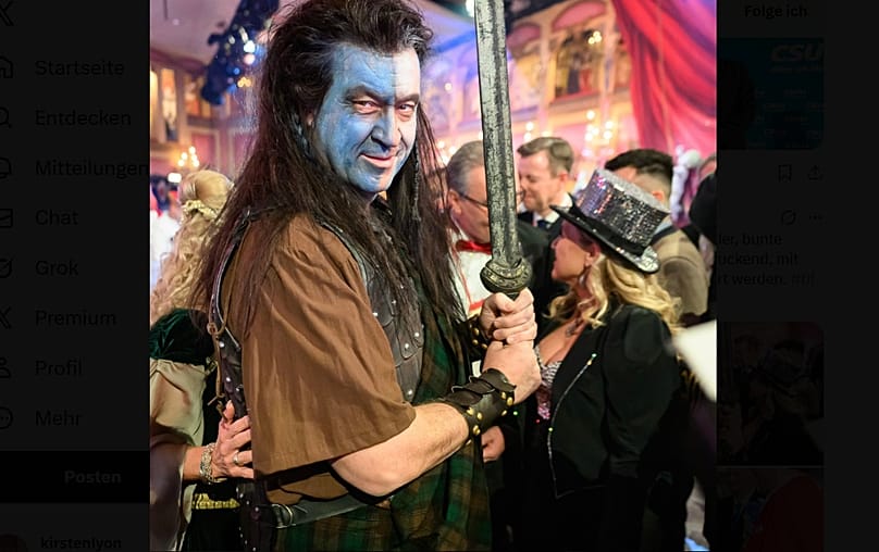 Marcus Söder beim Karneval in Franken als "Braveheart"