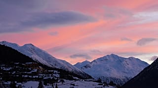 The sun sets over the mountains and the Livigno Valley prior to the Milano Cortina 2026 Winter Olympic Games opening ceremony in Livigno, Italy. 6 Feb 2026.