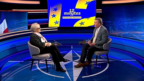 La ministra francese delle Forze armate, Catherine Vautrin, durante un'intervista a Euronews alla NATO a Bruxelles, il 12 febbraio 2026