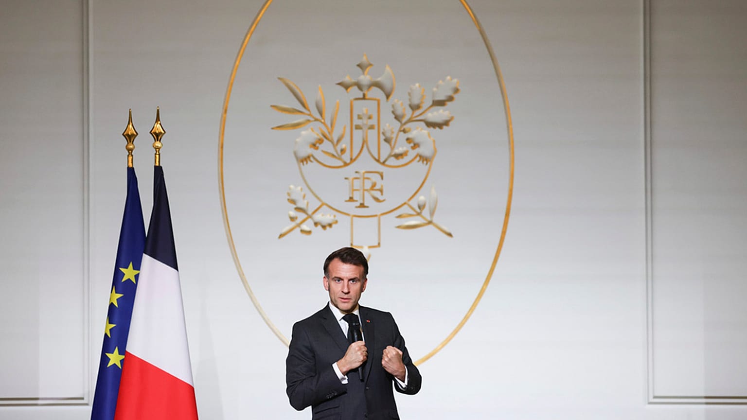 FILE: French President Emmanuel Macron addresses the audience at the presidential Elysee Palace in Paris, 5 February 2026