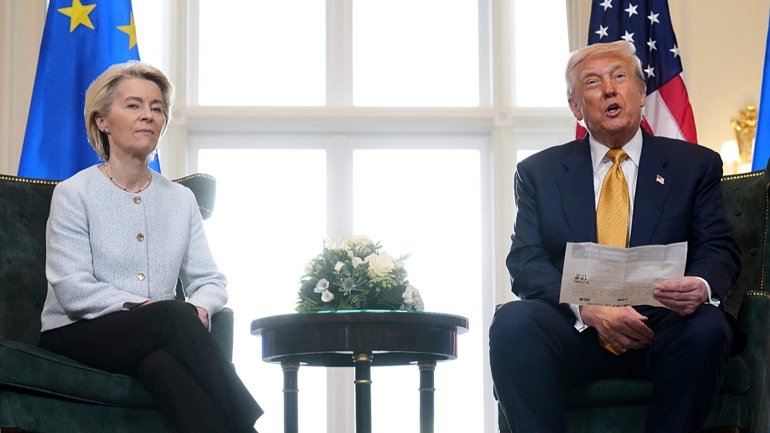 Ursula von der Leyen and Donald Trump after reaching a trade deal between the US and the EU at the Trump Turnberry golf course in Turnberry, Scotland.