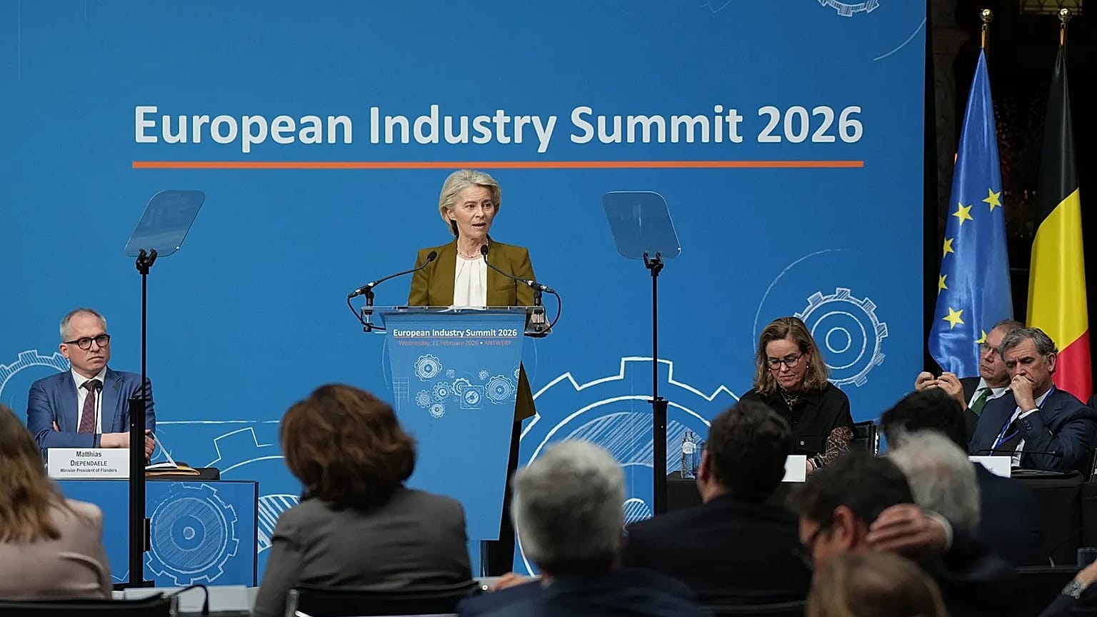 European Commission President Ursula von der Leyen speaks during the European Industry Summit in Antwerp, Belgium, Wednesday, Feb. 11, 2026. 