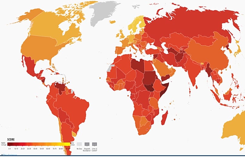 خريطة تشهر مؤشر مكافحة الفساد بين 182 دولة حول العالم 