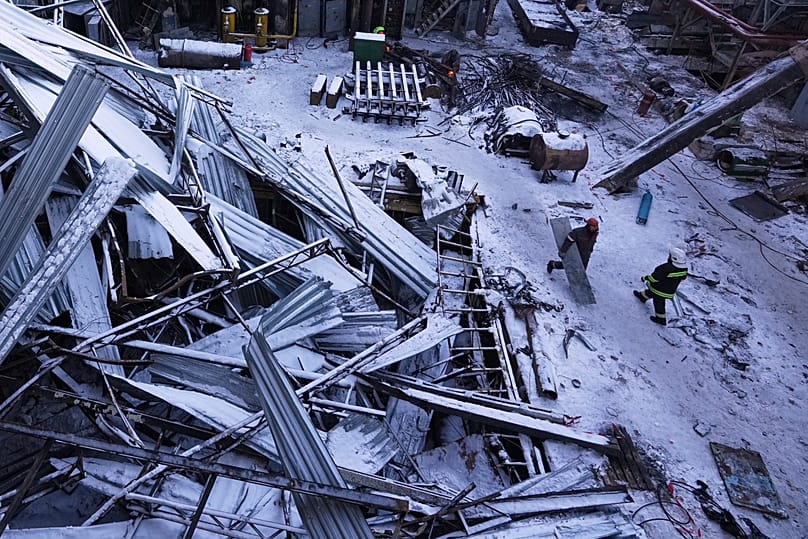 Workers repair the DTEK company's power plant destroyed by a Russian missile attack at an undisclosed location in Ukraine, 9 February, 2026