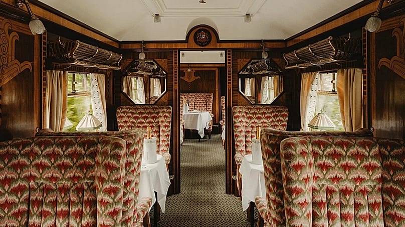 The Zena carriage on the British Pullman. Each of the train cars has its own unique design and name