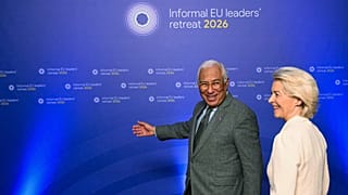 European Council President Antonio Costa greets European Commission President Ursula von der Leyen during arrivals for the EU summit at the Alden Biesen Castle in Belgium.