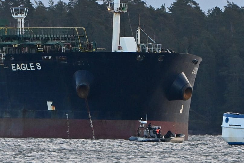 The Finnish Coast Guard stops a small boat which tried to reach the Cook Islands-registered oil tanker Eagle S anchored in Porvoo, 30 December, 2024