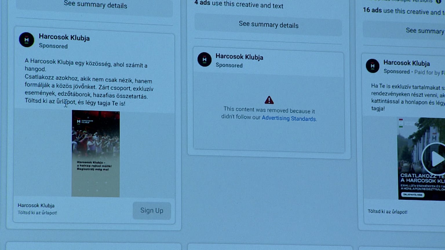 A Harcosok Klubja hirdetései a facebookon - van, ami átmegy, van, ami nem