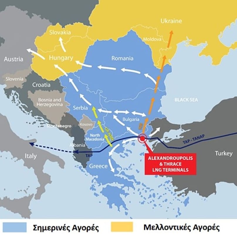 Το δίκτυο αγωγών και αγορών που μπορεί να εξυπηρετήσει ο Κάθετος Διάδρομος με εισαγωγή ΥΦΑ από τα FSRU της Αλεξανδρούπολης