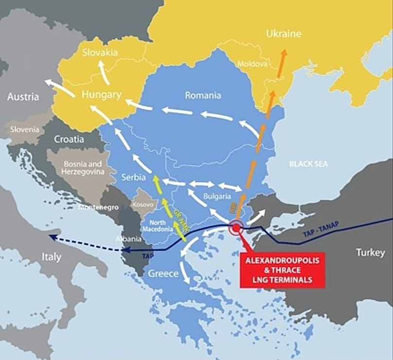 The network of pipelines and markets that can be served by the Vertical Corridor with import of LNG from the Alexandroupolis FSRUs