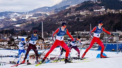 Norwegian skiiers compete in the Nordic Combined Individual Gundersen Normal Hill/10km competition at the 2026 Winter Olympics, in Tesero, Italy, Wednesday, Feb. 11, 2026.