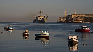 The Mexican Navy ship Papaloapan carrying aid arrives at Havana Bay, 12 February, 2026