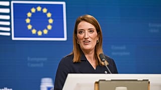European Parliament President Roberta Metsola speaks during a media conference at an EU Summit in Brussels, 23 October 2025