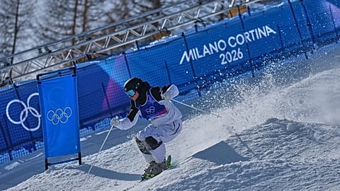 Finland's Olli Penttala competes during the men's freestyle skiing moguls finals at the 2026 Winter Olympics, in Livigno, Italy, Thursday, Feb. 12, 2026.