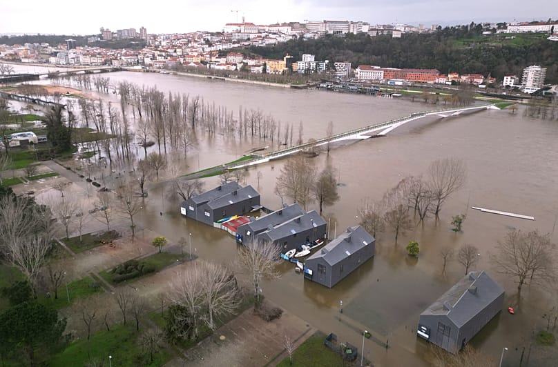View of affected areas by flooding and rising river levels in Coimbra, Portugal, Friday, Feb. 13, 2026.