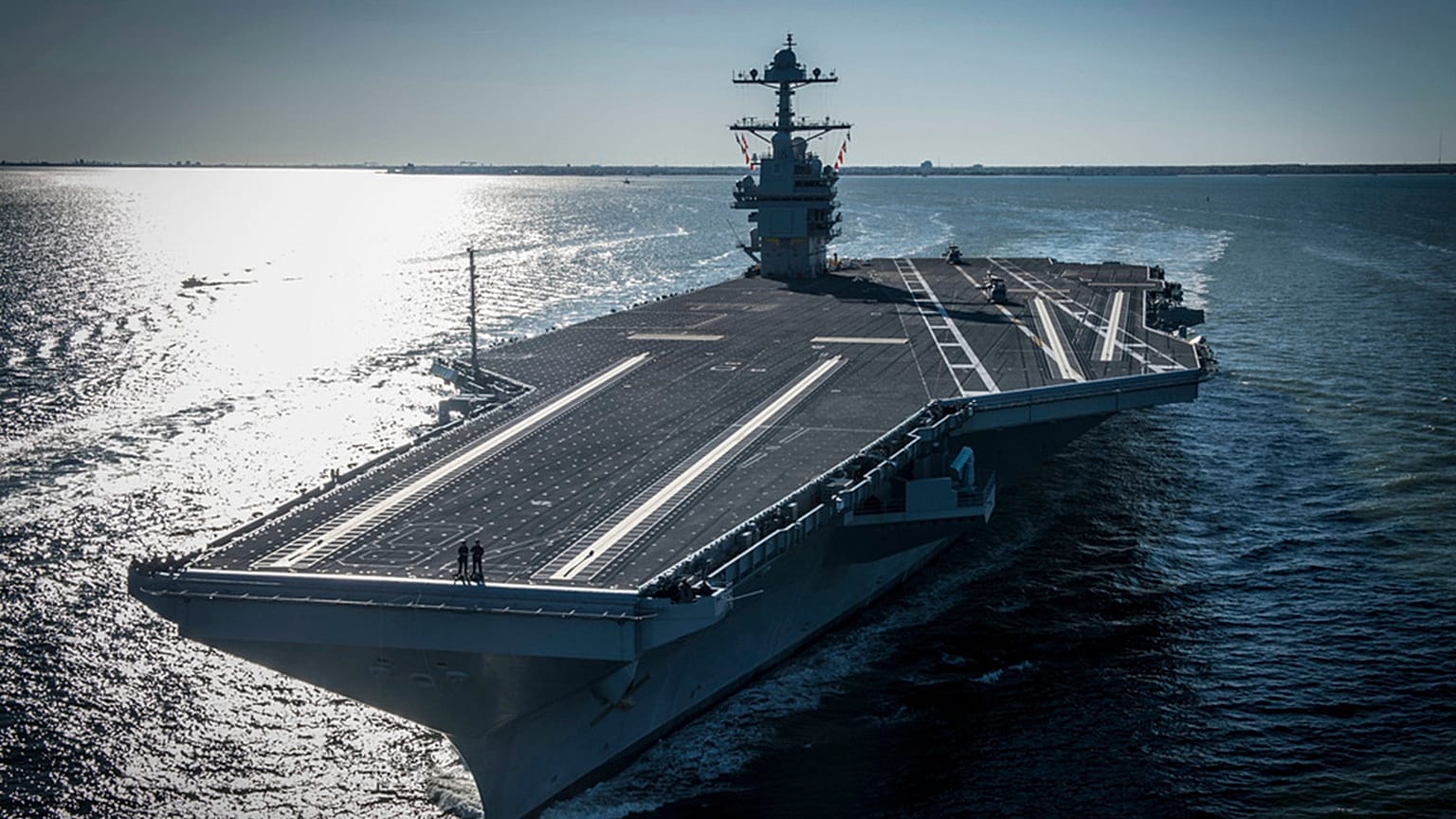 The USS Gerald R Ford embarked on the first of its sea trials to test various state-of-the-art systems on its own power for the first time, from Newport News, VA, 8 April 2017