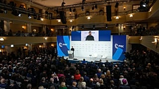 Ukraine's President Volodymyr Zelenskyy speaks during the Munich Security Conference at the Bayerischer Hof Hotel in Munich, Germany, Saturday, Feb. 15, 2025.
