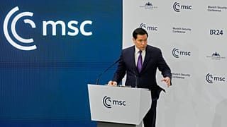 United States Secretary of State Marco Rubio speaks during the Munich Security Conference in Munich, Germany, Saturday, Feb. 14, 2026. (AP Photo/Michael Probst)