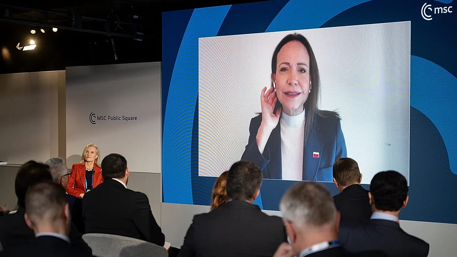 María Corina Machado en videollamada en el MSC 26, Múnich, 14 de febrero de 2026.