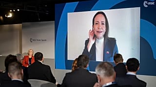 María Corina Machado en videollamada en el MSC 26, Múnich, 14 de febrero de 2026.