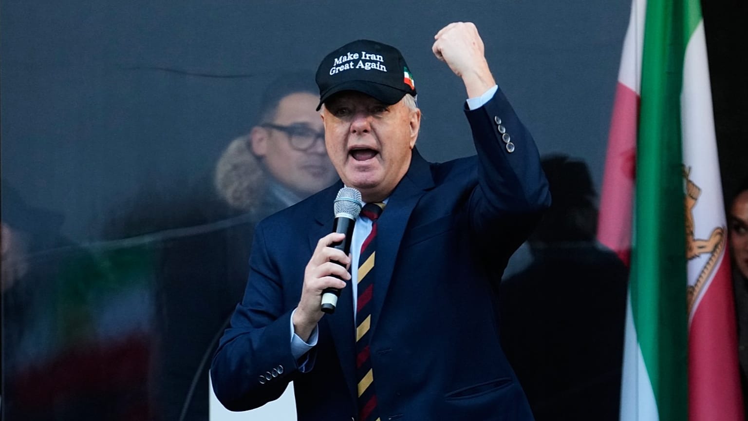 US Senator Lindsey Graham speaks to supports of Iran's exiled Crown Prince Reza Pahlavi at a demonstration during the Munich Security Conference in Munich.