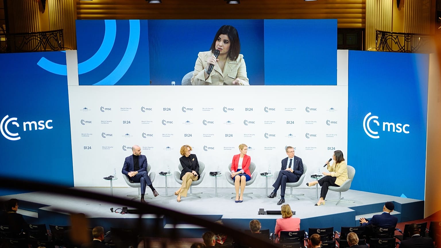 European Union foreign policy chief Kaja Kallas speaks during the Munich Security Conference in Munich at a panel moderated by Euronews' correspondent Maria Tadeo