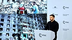 Der ukrainische Präsident Volodymyr Zelensky spricht am Samstag, den 14. Februar 2026, während einer Sitzung der Sicherheitskonferenz in München, Deutschland, zur Öffentlichkeit.